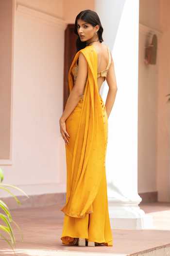 Bohame Aveline Pre-Draped Satin Chiffon Saree With Blouse
