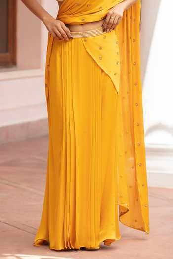Bohame_Yellow Satin, Chiffon V-neck Aveline Pre-draped Saree With Blouse _Online_at_Aza_Fashions