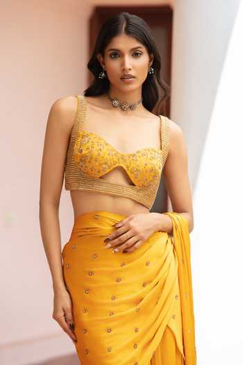 Shop_Bohame_Yellow Satin, Chiffon V-neck Aveline Pre-draped Saree With Blouse _Online_at_Aza_Fashions