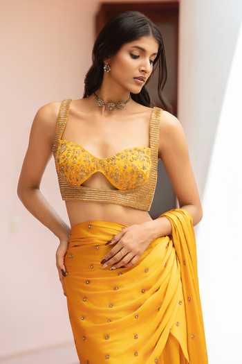 Bohame_Yellow Satin, Chiffon V-neck Aveline Pre-draped Saree With Blouse _at_Aza_Fashions