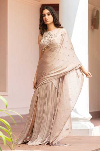 Buy_Bohame_Rose Gold Satin, Chiffon High Neck Soraya Pre-draped Slit Saree And Blouse _Online_at_Aza_Fashions