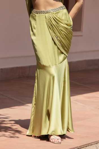 Buy_Bohame_Green Satin, Chiffon V-neck Noelia Pre-draped Saree With Blouse 