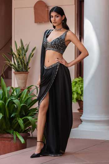Bohame Black Satin, Chiffon V-neck Isolde Pre-draped Slit Saree With Blouse Online at Aza Fashions Bohame_Black Satin, Chiffon V-neck Isolde Pre-draped Slit Saree With Blouse _Online_at_Aza_Fashions