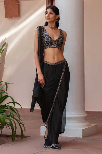 Buy Bohame Black Satin, Chiffon V-neck Isolde Pre-draped Slit Saree With Blouse Online at Aza Fashions Buy_Bohame_Black Satin, Chiffon V-neck Isolde Pre-draped Slit Saree With Blouse _Online_at_Aza_Fashions