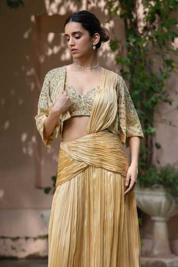 Bohame_Gold Satin, Chiffon Sweetheart Neck Fiora Pre-draped Saree Set With Cape _Online_at_Aza_Fashions
