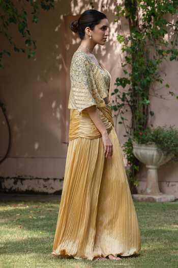 Shop_Bohame_Gold Satin, Chiffon Sweetheart Neck Fiora Pre-draped Saree Set With Cape _Online_at_Aza_Fashions