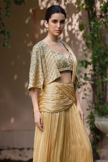 Bohame_Gold Satin, Chiffon Sweetheart Neck Fiora Pre-draped Saree Set With Cape _at_Aza_Fashions