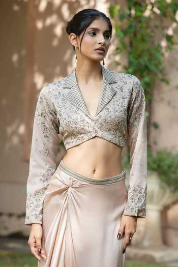 Bohame_Beige Satin, Chiffon Collared Neck Mirena Embroidered Bustier And Skirt Set _Online_at_Aza_Fashions