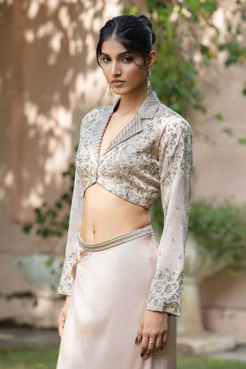 Buy_Bohame_Beige Satin, Chiffon Collared Neck Mirena Embroidered Bustier And Skirt Set _Online_at_Aza_Fashions