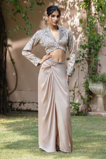 Buy_Bohame_Beige Satin, Chiffon Collared Neck Mirena Embroidered Bustier And Skirt Set 