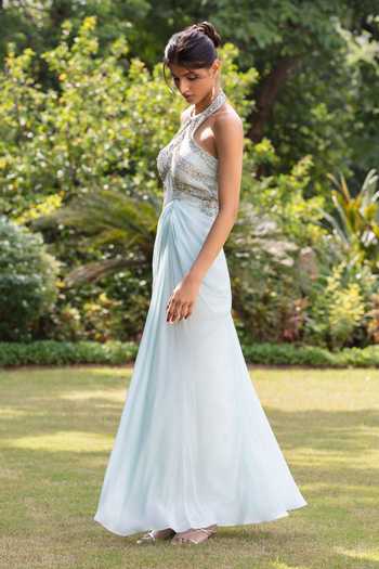 Buy_Bohame_Blue Crepe Sequins, Beads, Stones Halter Neck Coralie Embroidered Gown _Online_at_Aza_Fashions
