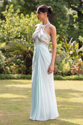 Shop_Bohame_Blue Crepe Sequins, Beads, Stones Halter Neck Coralie Embroidered Gown _Online_at_Aza_Fashions