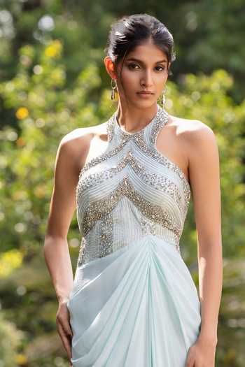 Bohame_Blue Crepe Sequins, Beads, Stones Halter Neck Coralie Embroidered Gown _at_Aza_Fashions