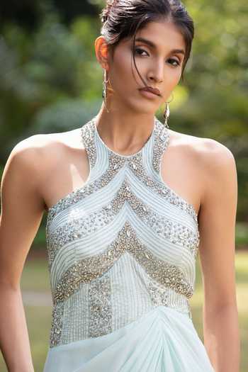 Buy_Bohame_Blue Crepe Sequins, Beads, Stones Halter Neck Coralie Embroidered Gown 