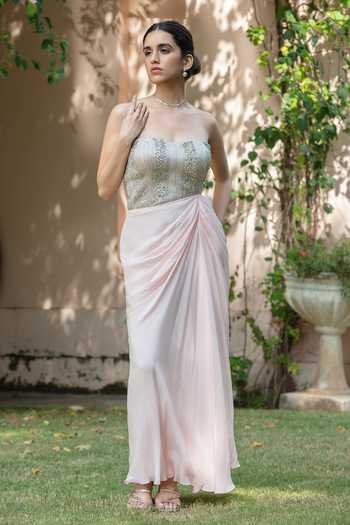 Bohame_Blush Crepe Sequins, Stones Sweetheart Neck Selene Embroidered Strapless Gown _Online_at_Aza_Fashions