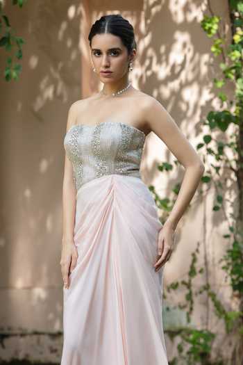 Buy_Bohame_Blush Crepe Sequins, Stones Sweetheart Neck Selene Embroidered Strapless Gown _Online_at_Aza_Fashions