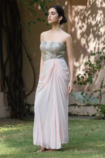 Shop_Bohame_Blush Crepe Sequins, Stones Sweetheart Neck Selene Embroidered Strapless Gown _Online_at_Aza_Fashions