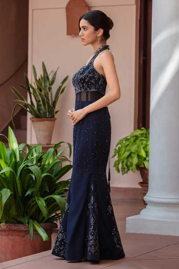 Bohame_Blue Satin, Chiffon Sequins, Stones Sweetheart Astraea Embroidered Corset Gown _at_Aza_Fashions
