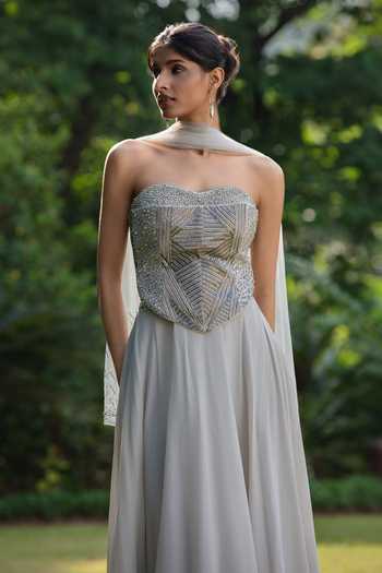 Bohame Grey Crepe, Net Sequins, Beads, Stones Luna Embroidered Corset Skirt Set Online at Aza Fashions Bohame_Grey Crepe, Net Sequins, Beads, Stones Luna Embroidered Corset Skirt Set _Online_at_Aza_Fashions