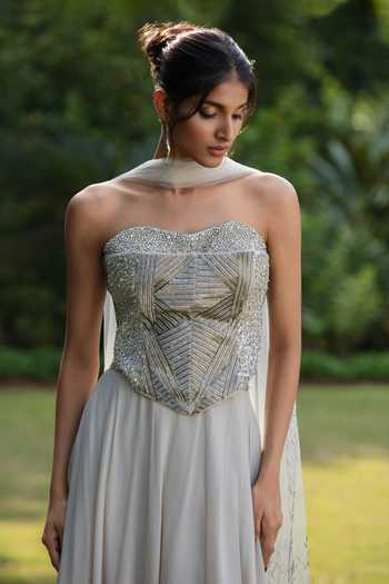 Shop Bohame Grey Crepe, Net Sequins, Beads, Stones Luna Embroidered Corset Skirt Set Online at Aza Fashions Shop_Bohame_Grey Crepe, Net Sequins, Beads, Stones Luna Embroidered Corset Skirt Set _Online_at_Aza_Fashions