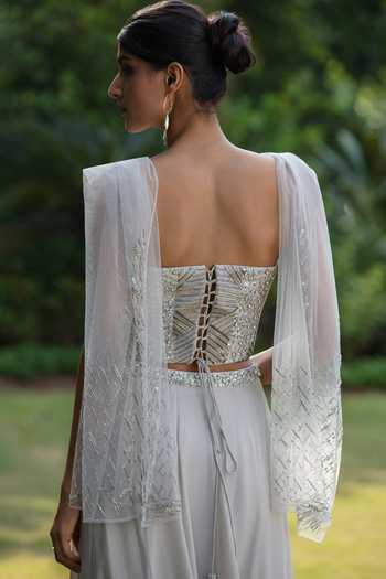 Bohame Grey Crepe, Net Sequins, Beads, Stones Luna Embroidered Corset Skirt Set at Aza Fashions Bohame_Grey Crepe, Net Sequins, Beads, Stones Luna Embroidered Corset Skirt Set _at_Aza_Fashions