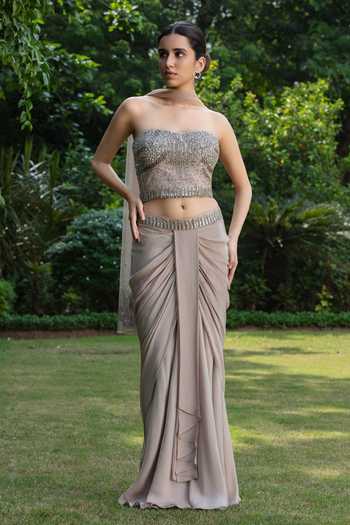 Bohame Beige Crepe, Net Sequins, Stones Elara Embroidered Corset Draped Skirt Set Online at Aza Fashions Bohame_Beige Crepe, Net Sequins, Stones Elara Embroidered Corset Draped Skirt Set _Online_at_Aza_Fashions