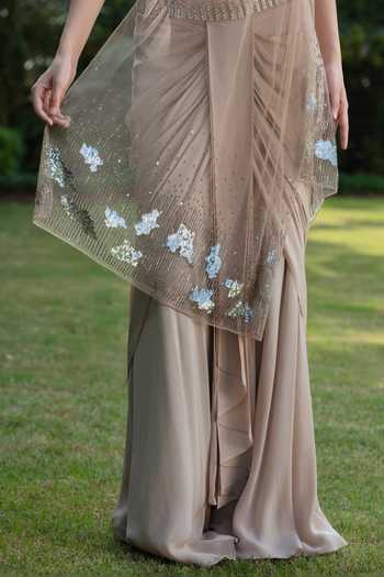 Bohame Beige Crepe, Net Sequins, Stones Elara Embroidered Corset Draped Skirt Set at Aza Fashions Bohame_Beige Crepe, Net Sequins, Stones Elara Embroidered Corset Draped Skirt Set _at_Aza_Fashions