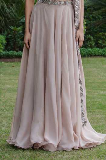 Bohame_Beige Satin, Modal, Organza Embroidery, Sequins Aurora Corset Lehenga Set _Online_at_Aza_Fashions