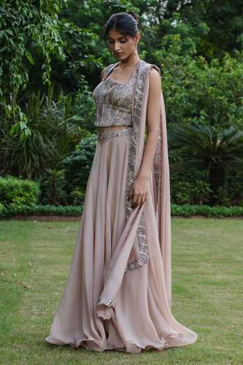 Buy_Bohame_Beige Satin, Modal, Organza Embroidery, Sequins Aurora Corset Lehenga Set _Online_at_Aza_Fashions