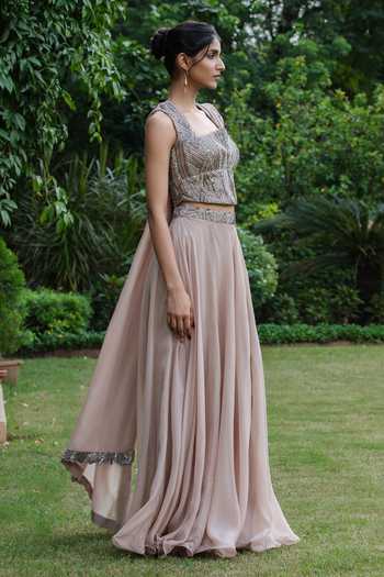Shop_Bohame_Beige Satin, Modal, Organza Embroidery, Sequins Aurora Corset Lehenga Set _Online_at_Aza_Fashions