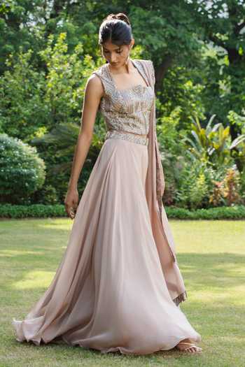 Bohame_Beige Satin, Modal, Organza Embroidery, Sequins Aurora Corset Lehenga Set _at_Aza_Fashions