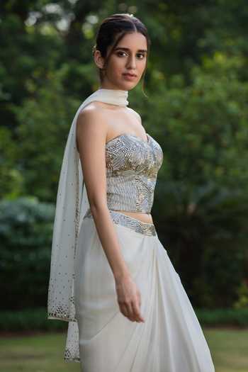 Bohame_Ivory Crepe Sequins, Beads Celestia Embroidered Corset Draped Skirt Set _at_Aza_Fashions
