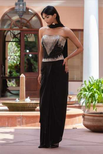 Bohame_Black Crepe Sequins, Mirrors Bandeau Lyanna Embroidered Corset Draped Skirt Set _Online_at_Aza_Fashions