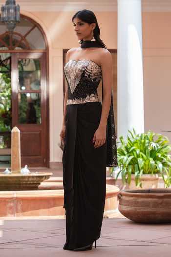 Shop_Bohame_Black Crepe Sequins, Mirrors Bandeau Lyanna Embroidered Corset Draped Skirt Set _Online_at_Aza_Fashions