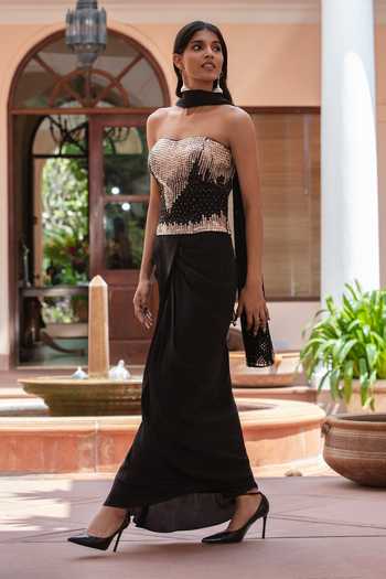 Bohame_Black Crepe Sequins, Mirrors Bandeau Lyanna Embroidered Corset Draped Skirt Set _at_Aza_Fashions