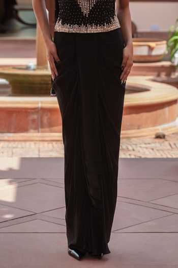 Buy_Bohame_Black Crepe Sequins, Mirrors Bandeau Lyanna Embroidered Corset Draped Skirt Set 
