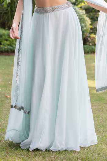 Bohame_Blue Organza, Satin, Chiffon High Neck Elaris Embroidered Blouse Lehenga Set _Online_at_Aza_Fashions