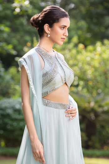 Shop_Bohame_Blue Organza, Satin, Chiffon High Neck Elaris Embroidered Blouse Lehenga Set _Online_at_Aza_Fashions