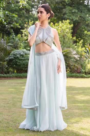 Bohame_Blue Organza, Satin, Chiffon High Neck Elaris Embroidered Blouse Lehenga Set _at_Aza_Fashions
