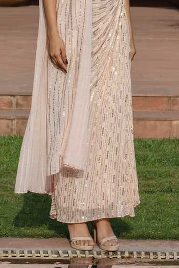 Bohame_Pink Net, Georgette Sequins, Beads Calista Draped Embroidered Gown With Scarf _Online_at_Aza_Fashions