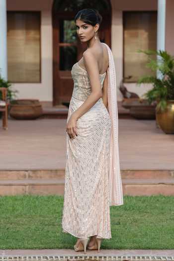 Buy_Bohame_Pink Net, Georgette Sequins, Beads Calista Draped Embroidered Gown With Scarf _Online_at_Aza_Fashions