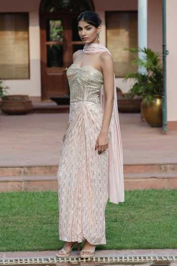 Shop_Bohame_Pink Net, Georgette Sequins, Beads Calista Draped Embroidered Gown With Scarf _Online_at_Aza_Fashions