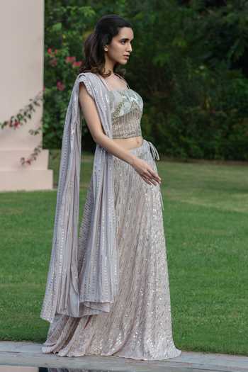 Bohame_Purple Net, Georgette Sequins Amoura Embroidered Corset Skirt Set _Online_at_Aza_Fashions