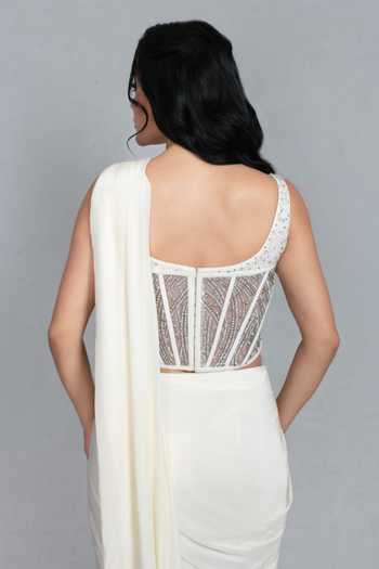 Bohame_Off White Crepe, Net Sweetheart Neck Inaya Concept Pre-draped Saree With Corset _Online_at_Aza_Fashions