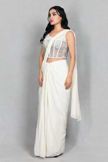Buy_Bohame_Off White Crepe, Net Sweetheart Neck Inaya Concept Pre-draped Saree With Corset _Online_at_Aza_Fashions