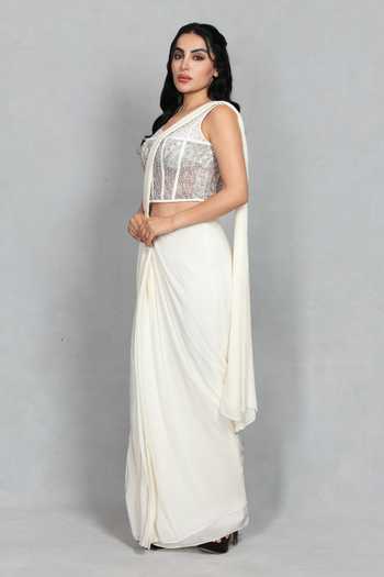 Shop_Bohame_Off White Crepe, Net Sweetheart Neck Inaya Concept Pre-draped Saree With Corset _Online_at_Aza_Fashions