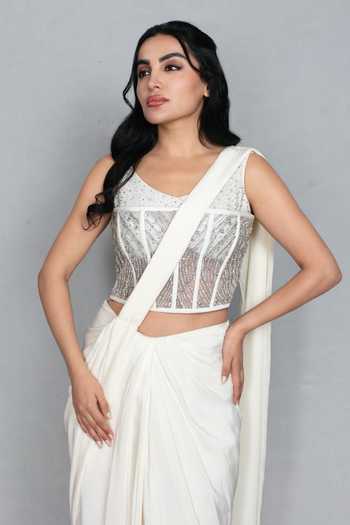 Bohame_Off White Crepe, Net Sweetheart Neck Inaya Concept Pre-draped Saree With Corset _at_Aza_Fashions
