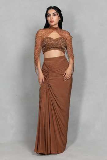 Bohame_Brown Crepe, Net Sweetheart Neck, High Meher Embroidered Cape And Draped Skirt Set _Online_at_Aza_Fashions