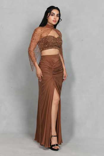 Shop_Bohame_Brown Crepe, Net Sweetheart Neck, High Meher Embroidered Cape And Draped Skirt Set _Online_at_Aza_Fashions