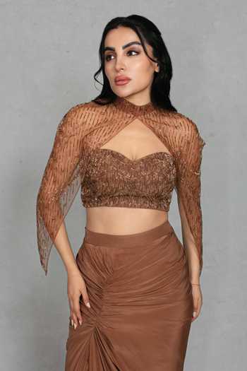 Bohame_Brown Crepe, Net Sweetheart Neck, High Meher Embroidered Cape And Draped Skirt Set _at_Aza_Fashions